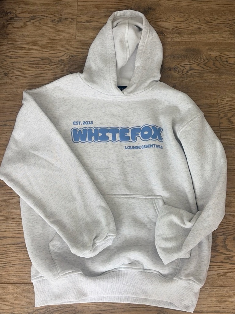 White Fox Boutique Light Gray Crewneck Hoodie with Blue Logo